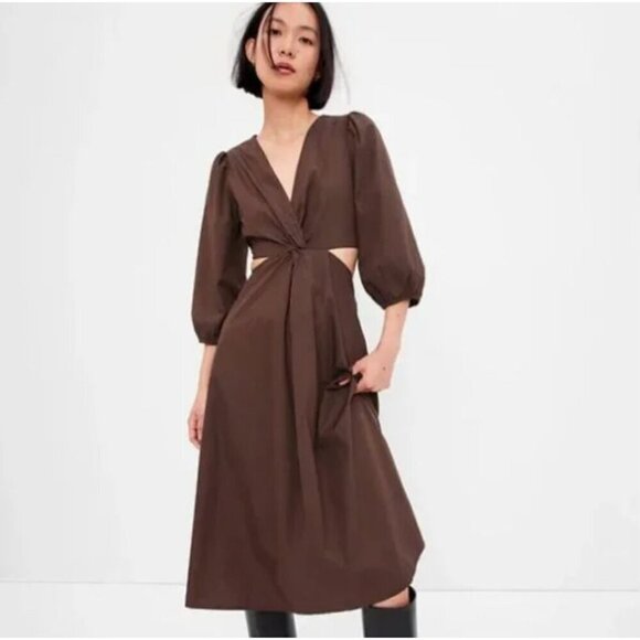 GAP Dresses & Skirts - Gap Puff Sleeve Cut Out Midi Dress Long Sleeve Brown Size M